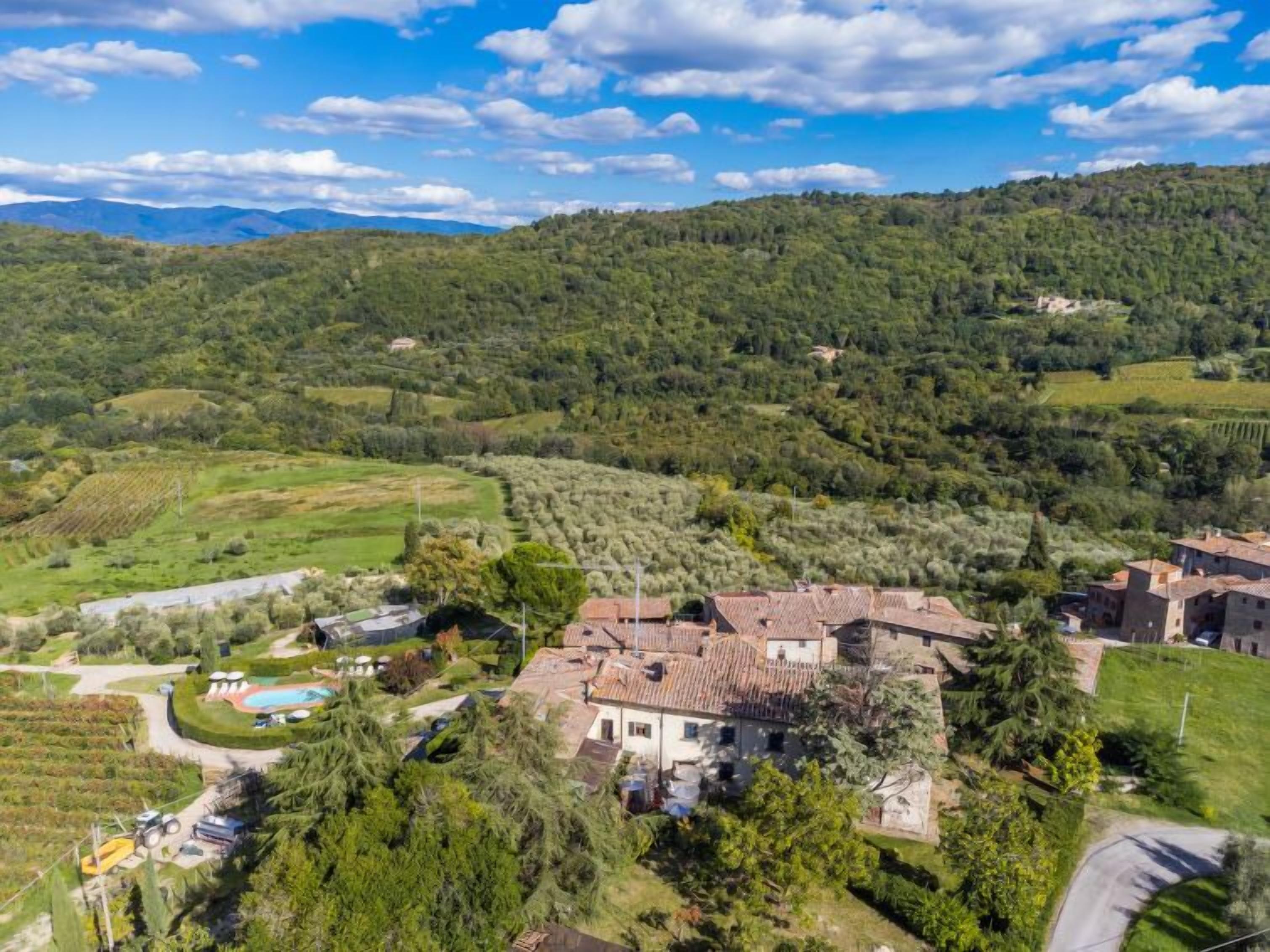 Una villa rural con techo de tejas, rodeada de exuberante vegetación y viñedos.