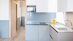 A compact kitchen with a built-in dishwasher, a small countertop, and a sink. - Panorama by Interhome (Garda)