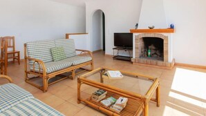Ein Wohnzimmer mit einem karierten Sofa, einem Fernseher, einem Kamin und einem Bücherregal.
