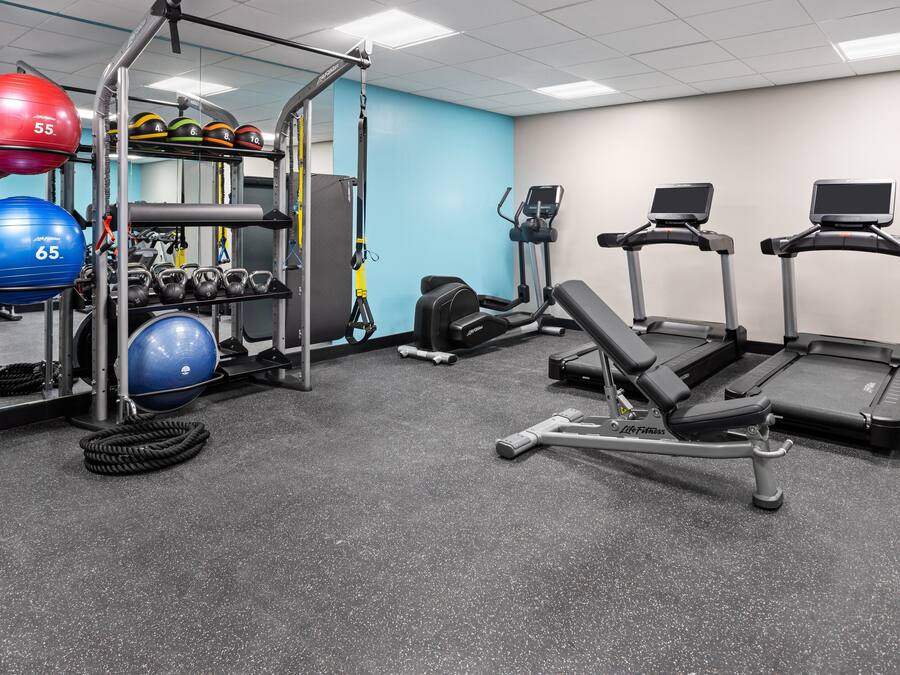 A gym with treadmills, a weight bench, and various exercise balls.