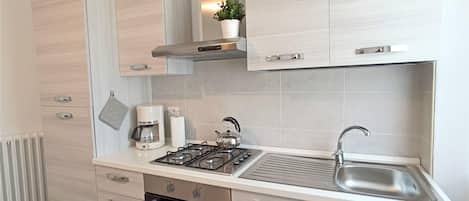 Fridge, oven, stovetop, coffee/tea maker