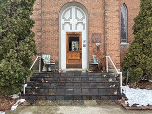 Exterior detail - The Storybook Church.  Beautiful vintage brick church built in 1878.  (Three Rivers)