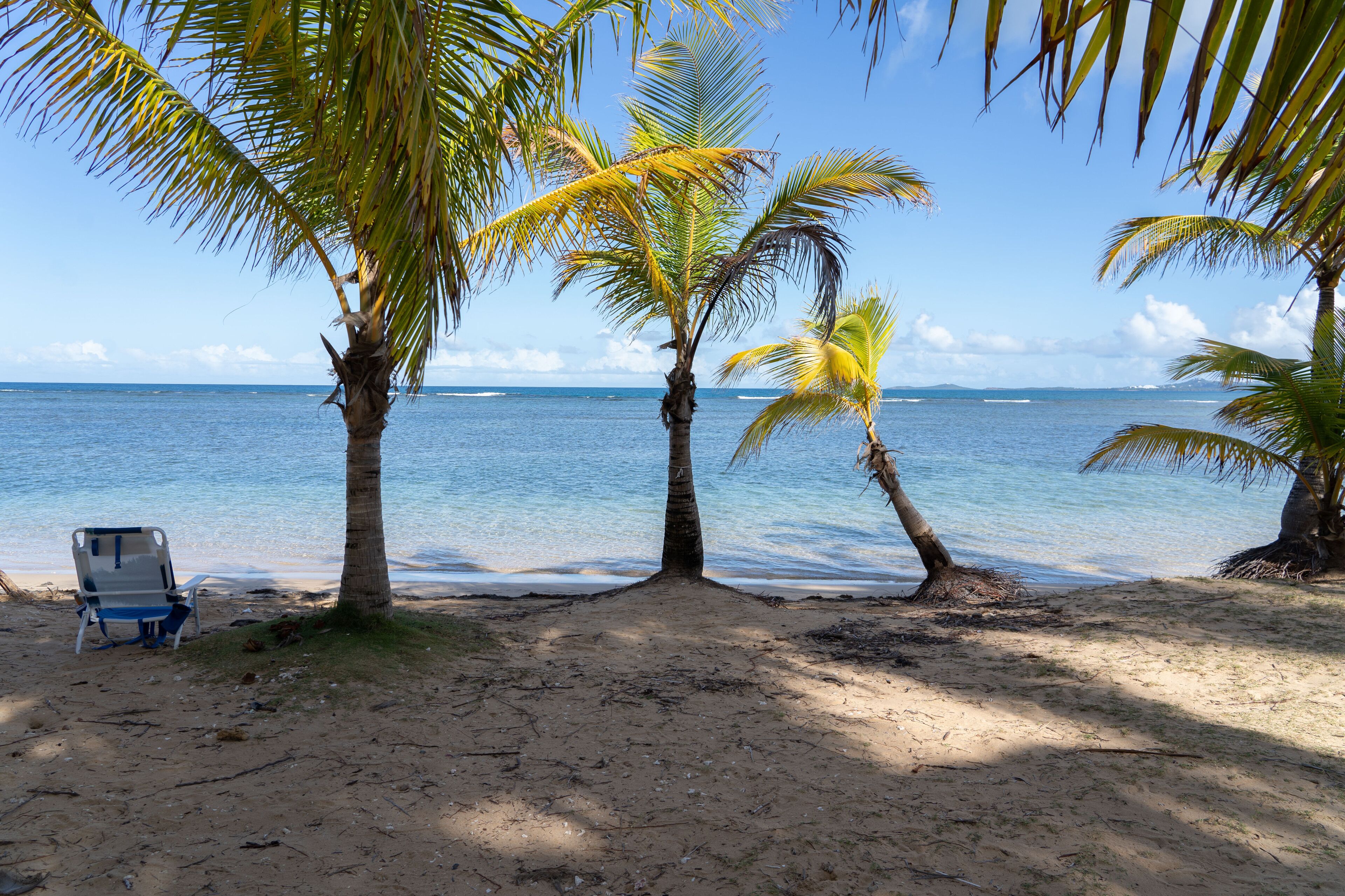 On the beach, sun loungers, beach towels