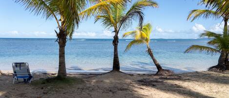 On the beach, sun loungers, beach towels