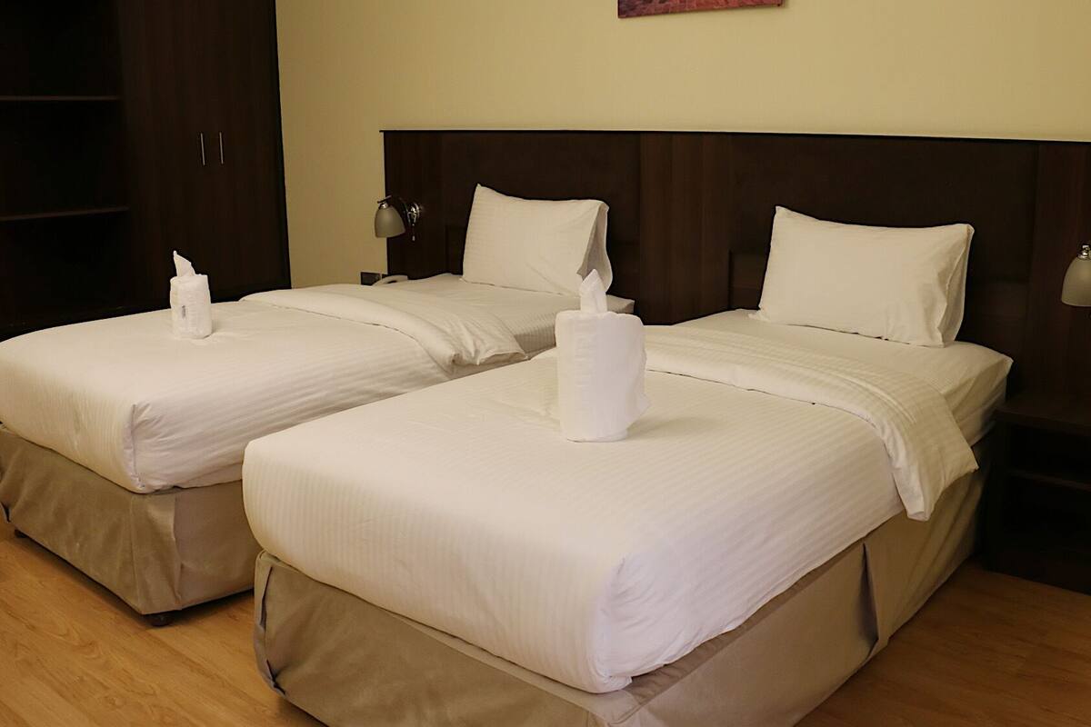 A hotel room with two single beds, each with a pillow and a tissue dispenser.