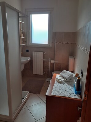 Douche, sĂšche-cheveux, bidet, serviettes fournies