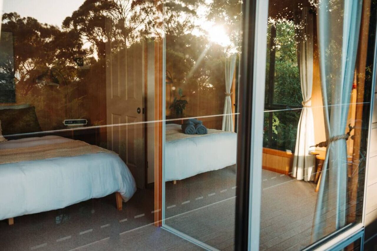 A bedroom with two beds, a view of trees through a glass wall, and a small table with a lamp.