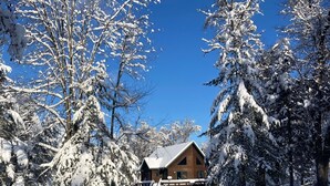 Una cabaña rodeada de árboles cubiertos de nieve, con un cielo azul despejado.