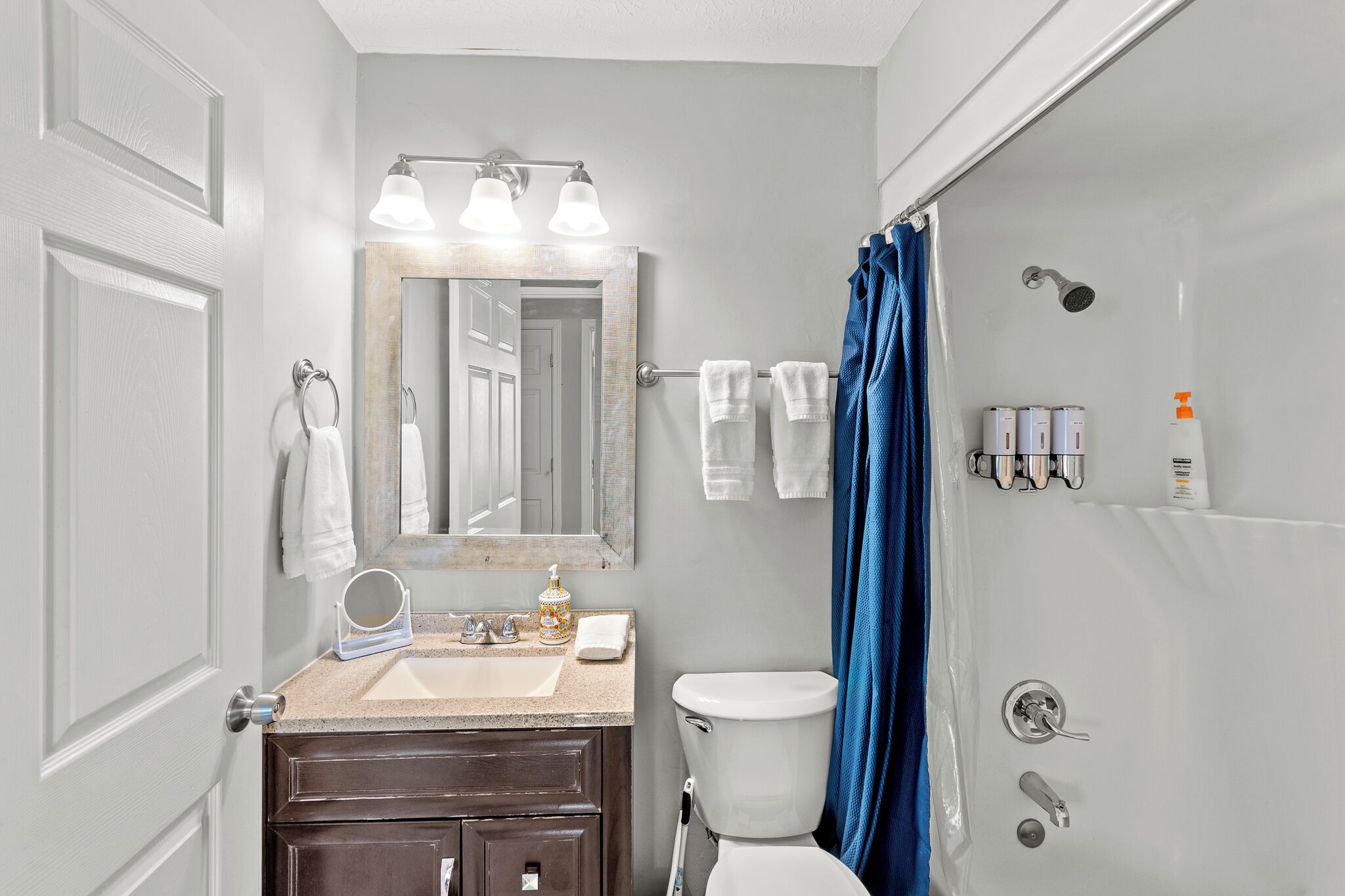 Hair dryer, towels, soap, shampoo