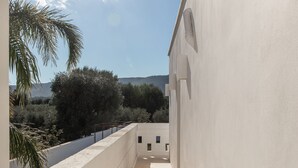 A narrow outdoor corridor with a white wall on one side and a palm tree on the other. - Dimora Biancarancio - Epoca Collection (Ostuni)