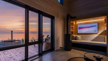 Smart TV, fireplace, books, stereo