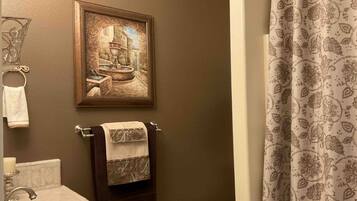 Hair dryer, towels, soap, shampoo