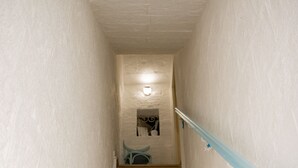 A narrow, white-walled stairway with a blue handrail leading to a landing.