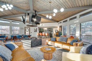 Smart TV, fireplace, books