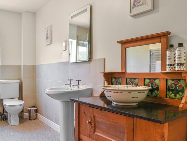 A bathroom with a white toilet, a white sink, and a wooden vanity with a mirror above it. - 3 bedroom accommodation in Westbury-sub-Mendip (Westbury-sub-Mendip)