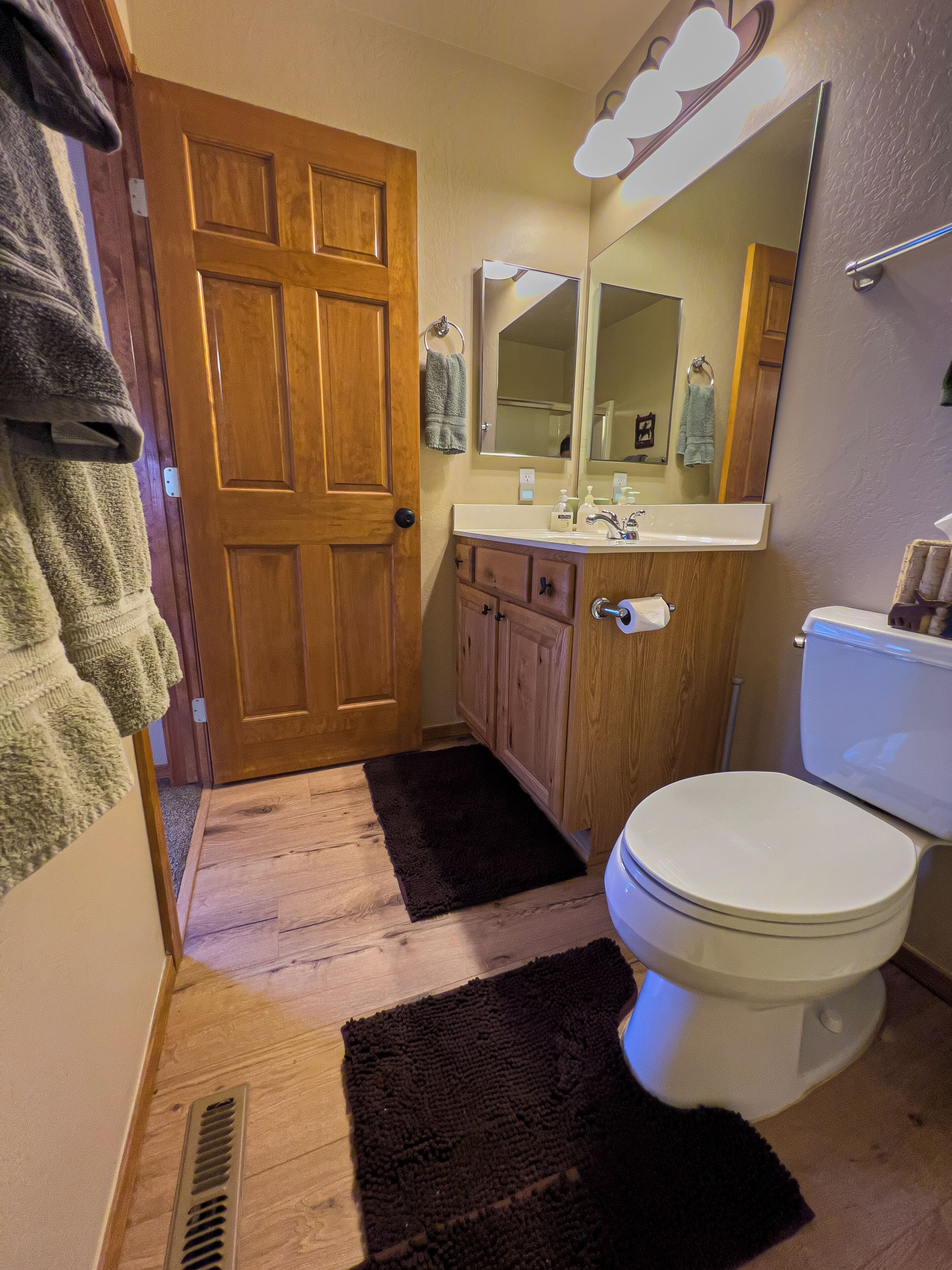 Een badkamer met een houten deur, een wit toilet, een wastafel met een spiegel erboven en een donker vloerkleed.