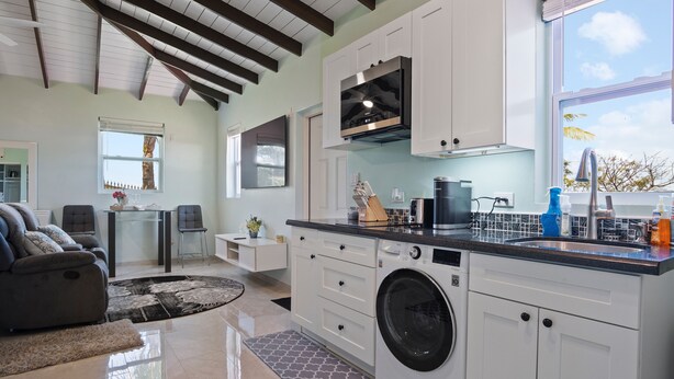 A modern kitchen with white cabinets, a built-in washing machine, and a large window. - Exquisite Courtyard Villa on St. Thomas East End / Ocean Views + Modern Comfort (St Thomas)