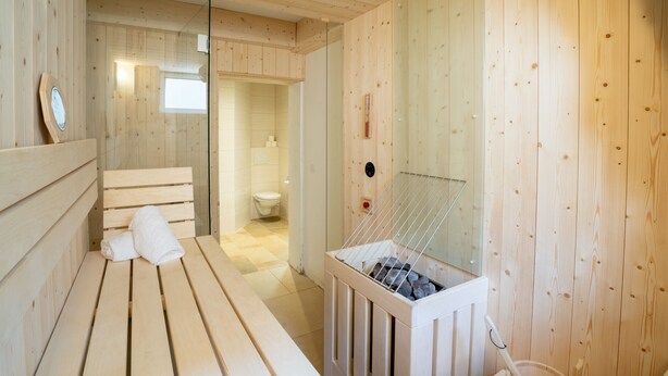 Ein Raum mit Holzausbau, der als Sauna dient, mit Bänken, einem Saunaofen und einer Toilette im Hintergrund.