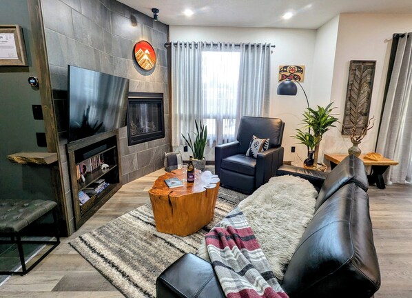 Smart TV, fireplace, books