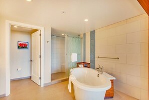 Hair dryer, towels, soap, shampoo
