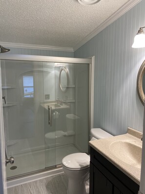 Shower, hair dryer, towels, soap