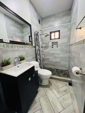 Shower, hair dryer, towels, soap
