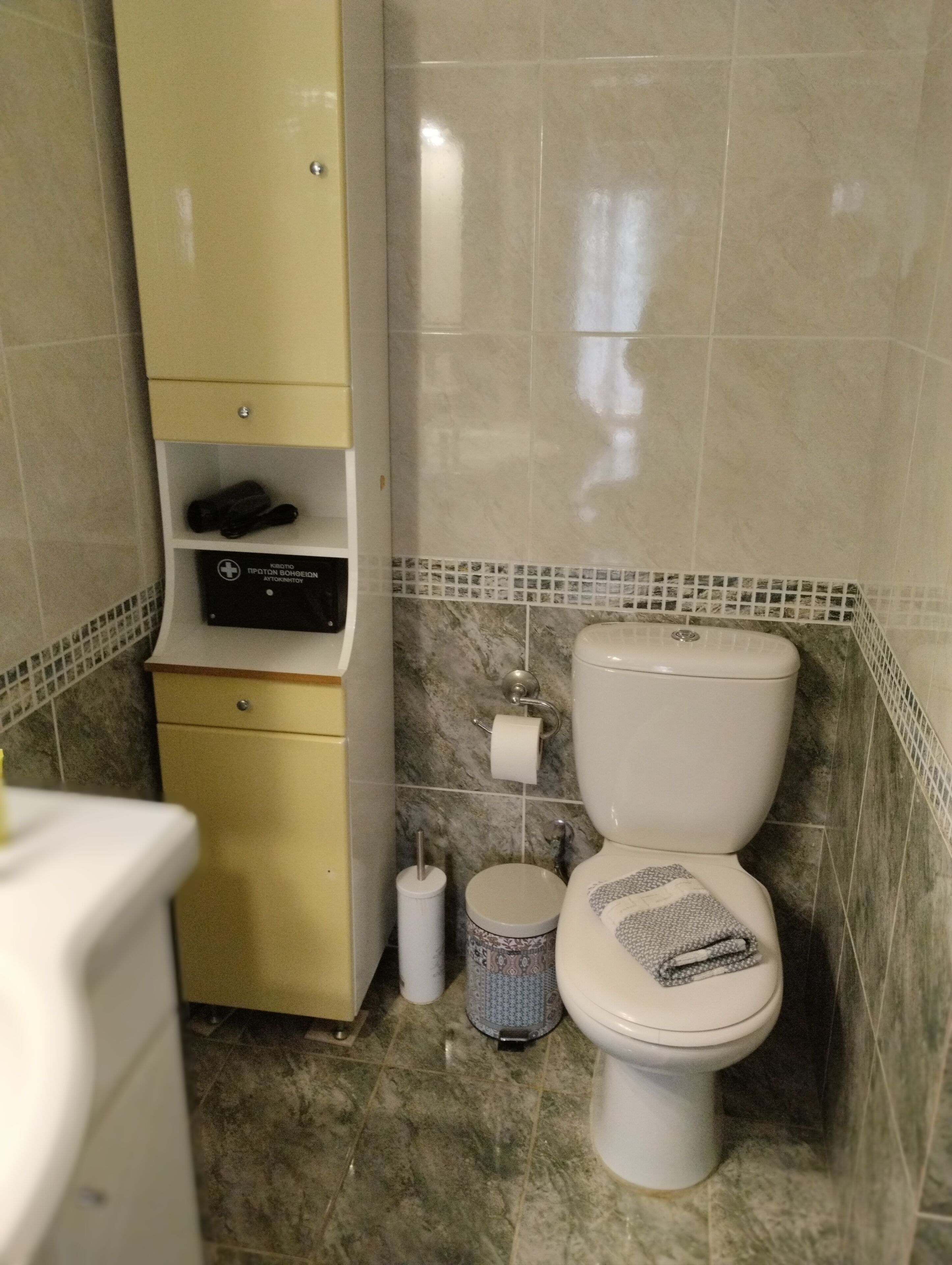 Secador de cabelo, toalhas de banho, sabonete, shampoo