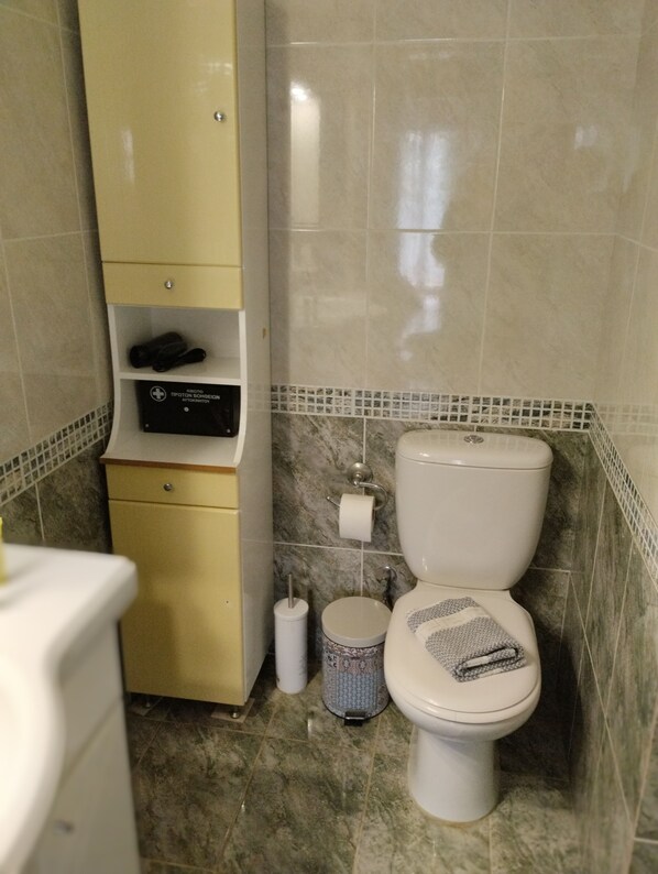 Hair dryer, towels, soap, shampoo