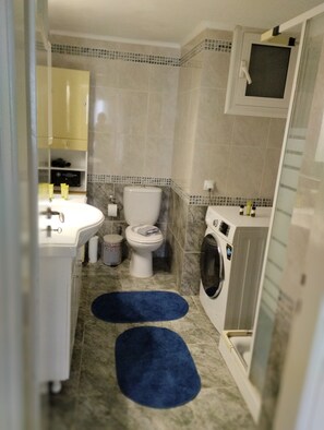 Hair dryer, towels, soap, shampoo