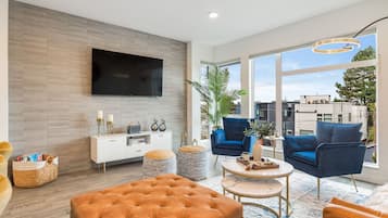 Smart TV, fireplace, stereo