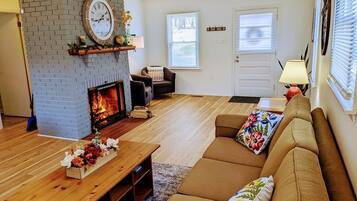 Smart TV, fireplace, books