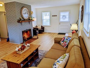 TV connectée, cheminée, livres