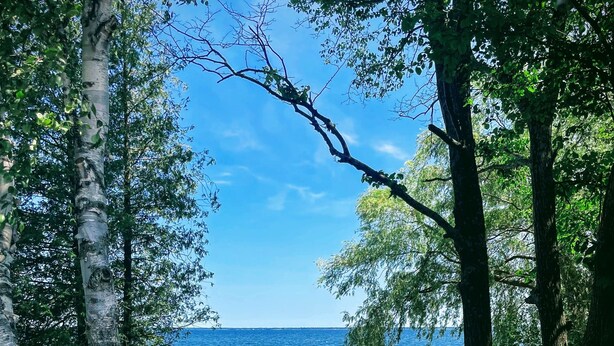 Eine HolzdTerrasse mit Tisch und Stühlen mit Blick auf Strand und Meer.