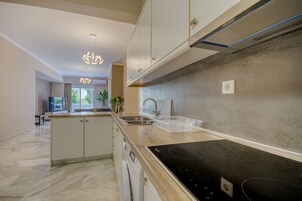 Una cocina moderna con horno integrado, un lavamanos y una encimera.