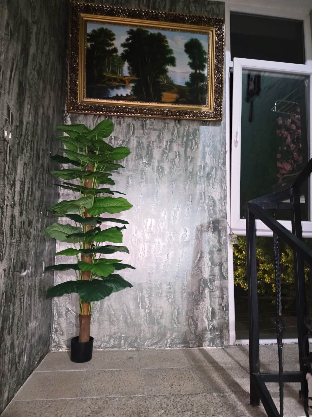 Uma planta em vaso, um quadro emoldurado e uma escadaria.