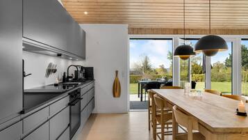 Fridge, stovetop, dishwasher, coffee/tea maker