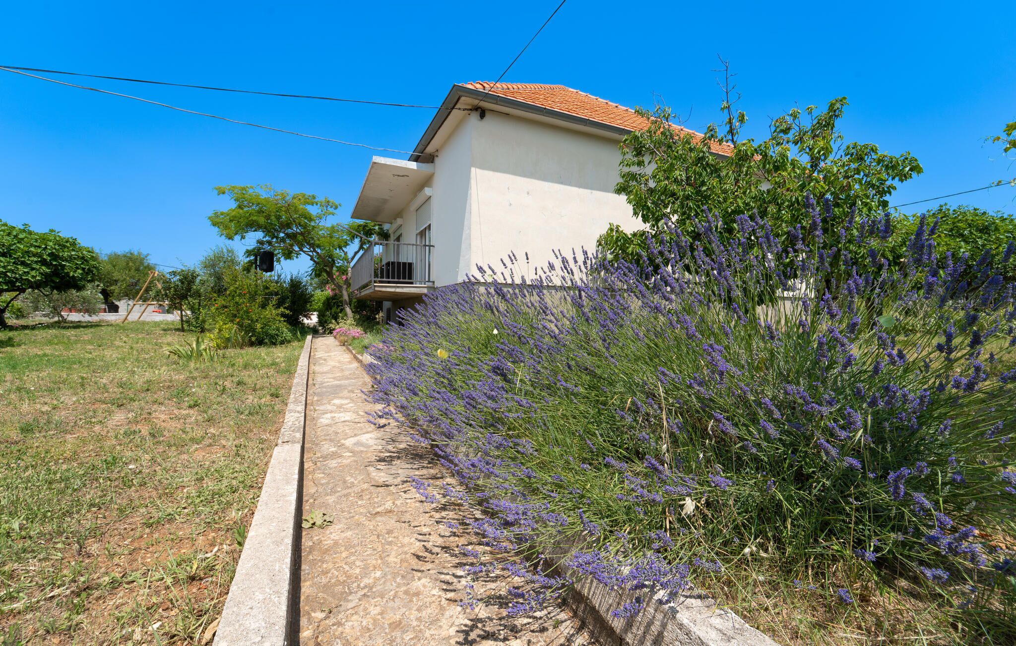 A house with a balcony, surrounded by a garden with lavender plants.