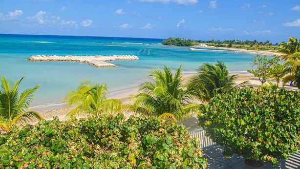 Una playa con agua turquesa cristalina, un rompeolas rocoso y abundante vegetación.