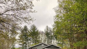 A two-story house with a covered porch, surrounded by a garden and trees. - Cozy Mtn. Home in Newland (Newland)