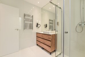 Shower, hair dryer, towels