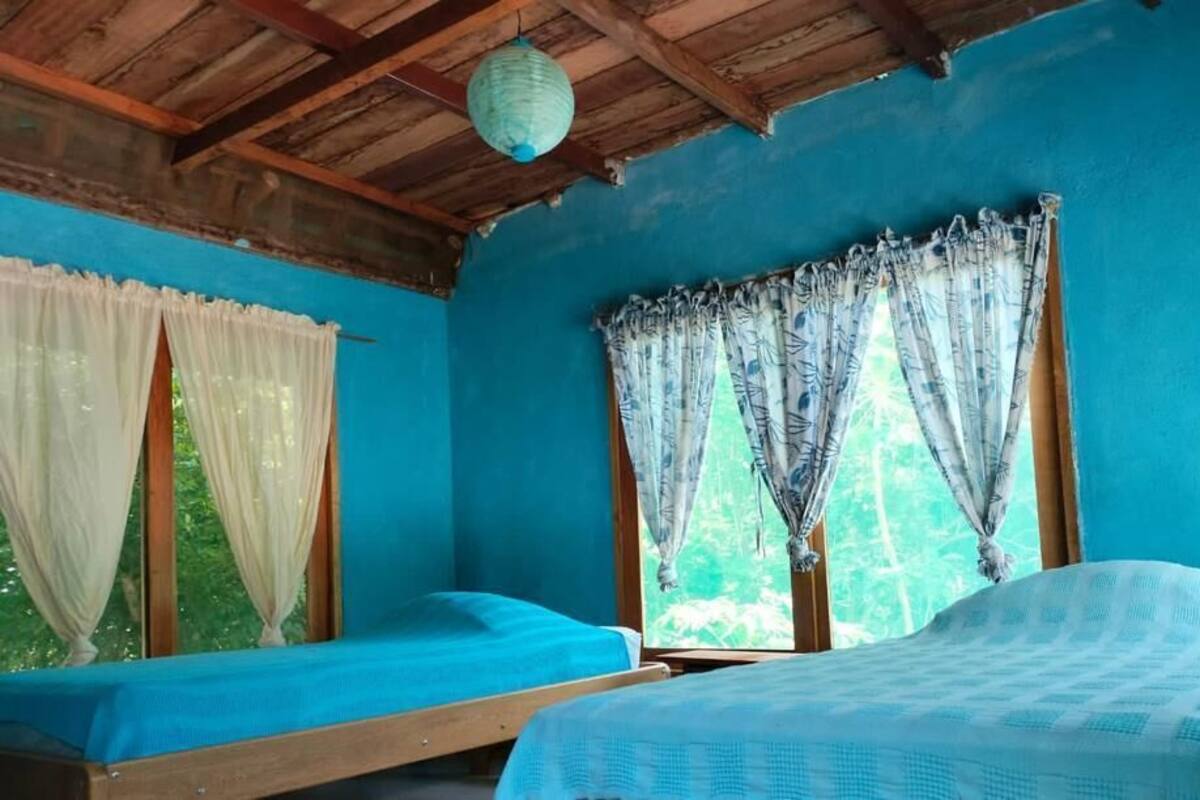 Una habitación con dos camas, paredes azules y techo de madera.