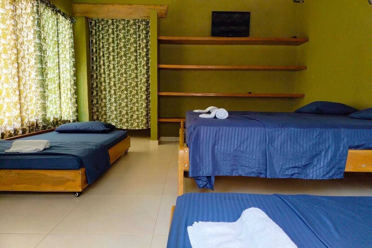 Una habitación con dos camas, una mesita y una estantería.