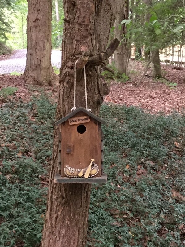 Un comedero de pájaros de madera colgando de un árbol en un área boscosa.