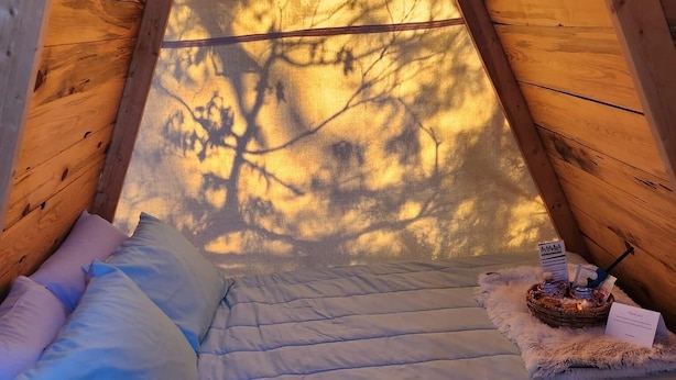 A cozy, triangular wooden room with a bed, pillows, and a basket with snacks. - Two cozy pods with water tower (Kingston)