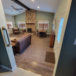 Smart TV, fireplace, video games, DVD player