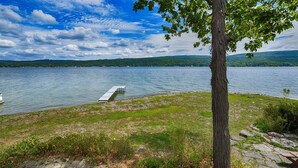 A lakeside view with a dock extending into the water, surrounded by grassy areas and a tree.