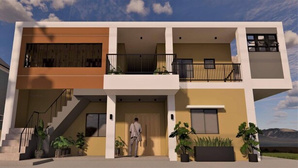 Una casa moderna de dos pisos con balcón, una escalera y plantas en macetas.