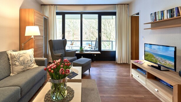 A modern living room with a grey sofa, a coffee table with a vase of flowers, a TV on a wooden stand, and a large window with curtains.