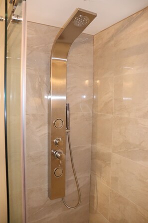 Hair dryer, bidet, towels, soap