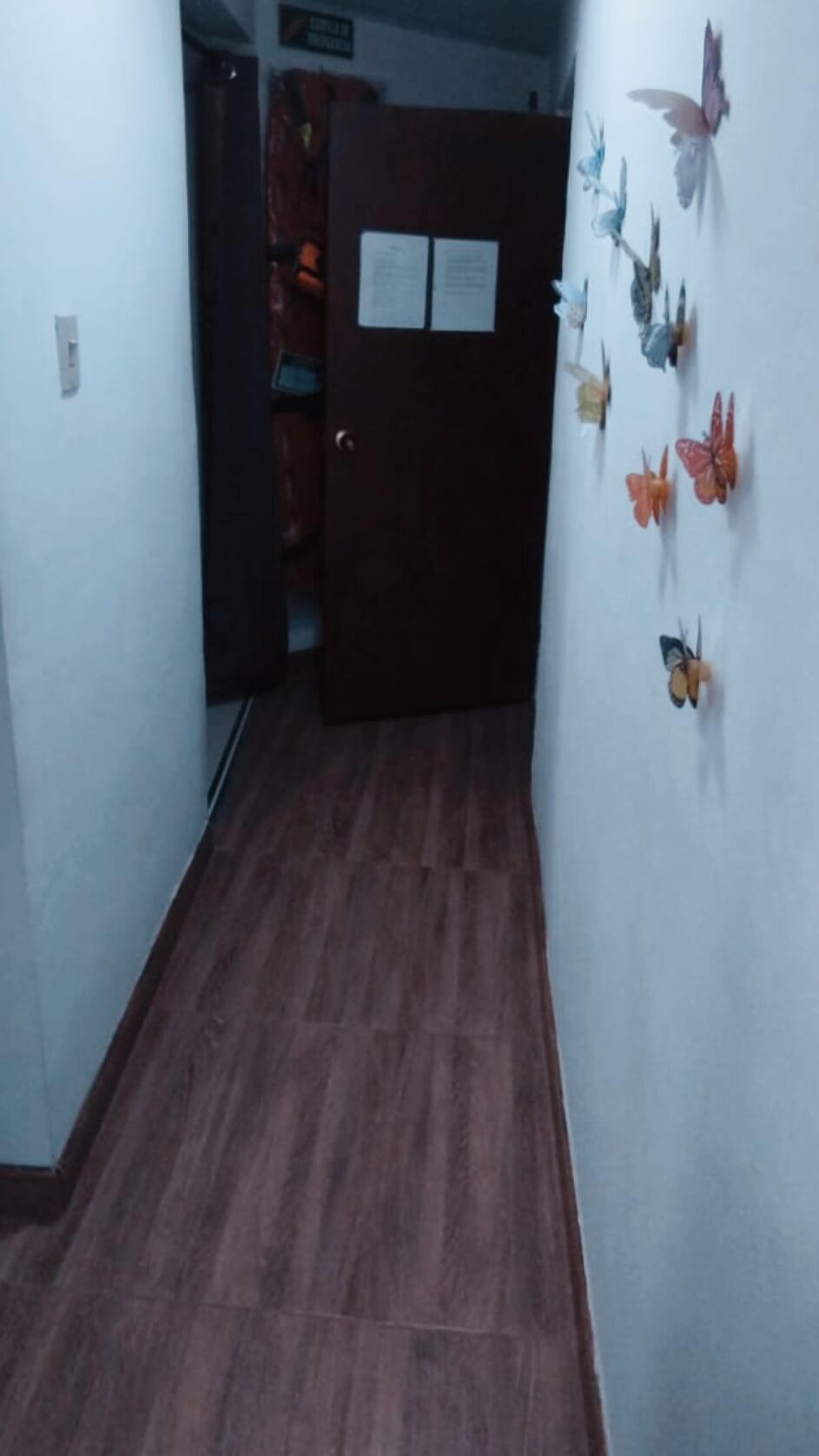 Un couloir étroit, avec un plancher en bois et une porte au fond. Les murs sont décorés de motifs représentant des papillons.